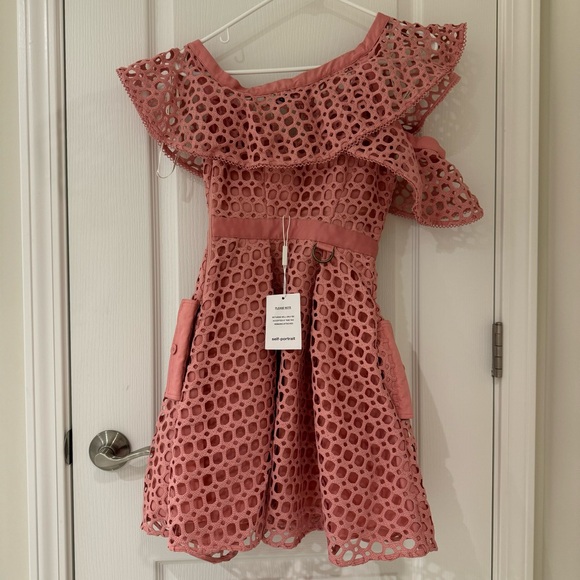 Self-Portrait | Lace Frill Asymmetric Cold-Shoulder Fit & Flare Pink Mini Dress - Picture 8 of 16